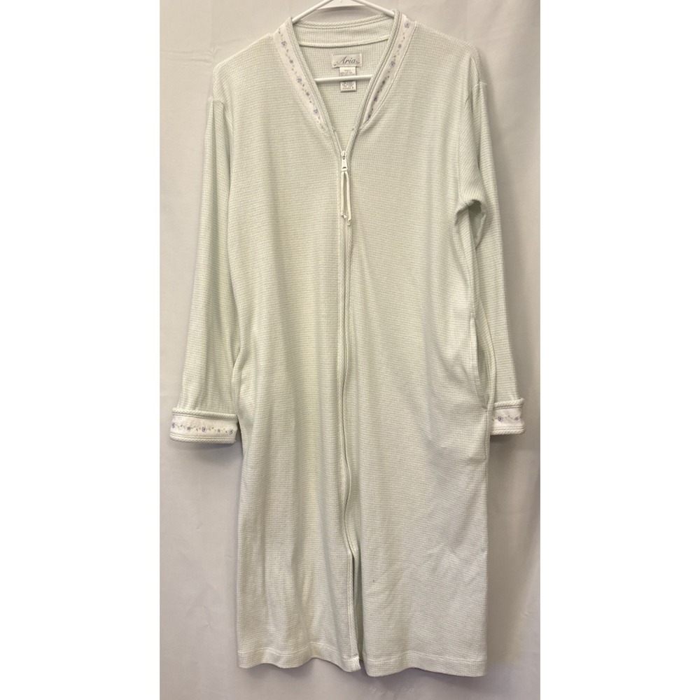 Vintage Aria Green Check Soft Zip-Up Nightgown Long Sleeves Pocket S Cottagecore